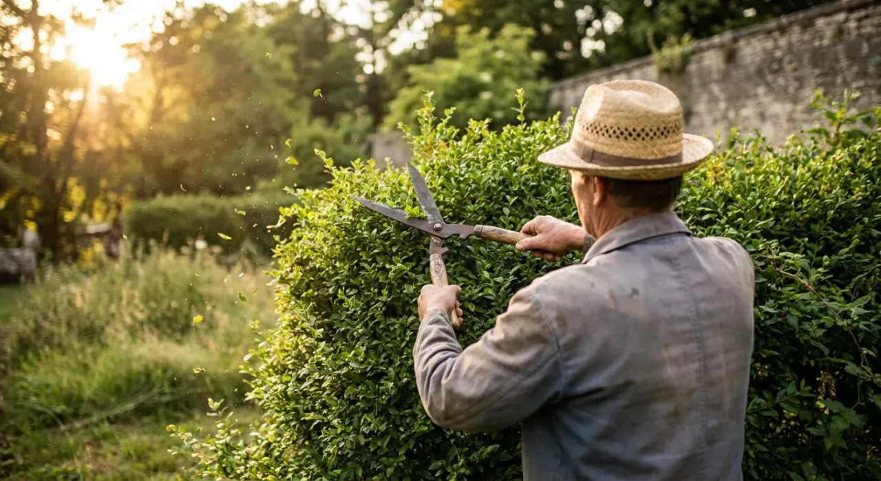 Wide environmental view of a person trimming a green hedge with shears, cut leaves falling, in warm late-afternoon light