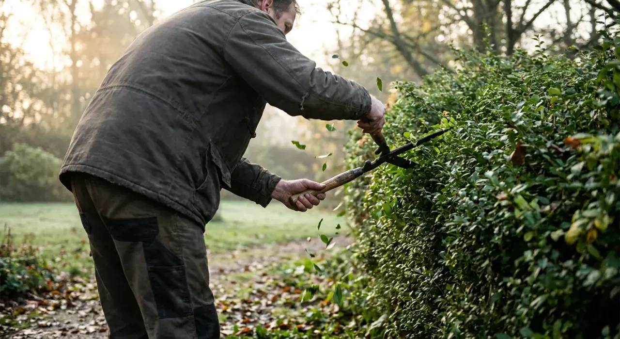 Low-angle view of a person trimming a green hedge with shears, cut leaves falling, in soft early-morning light