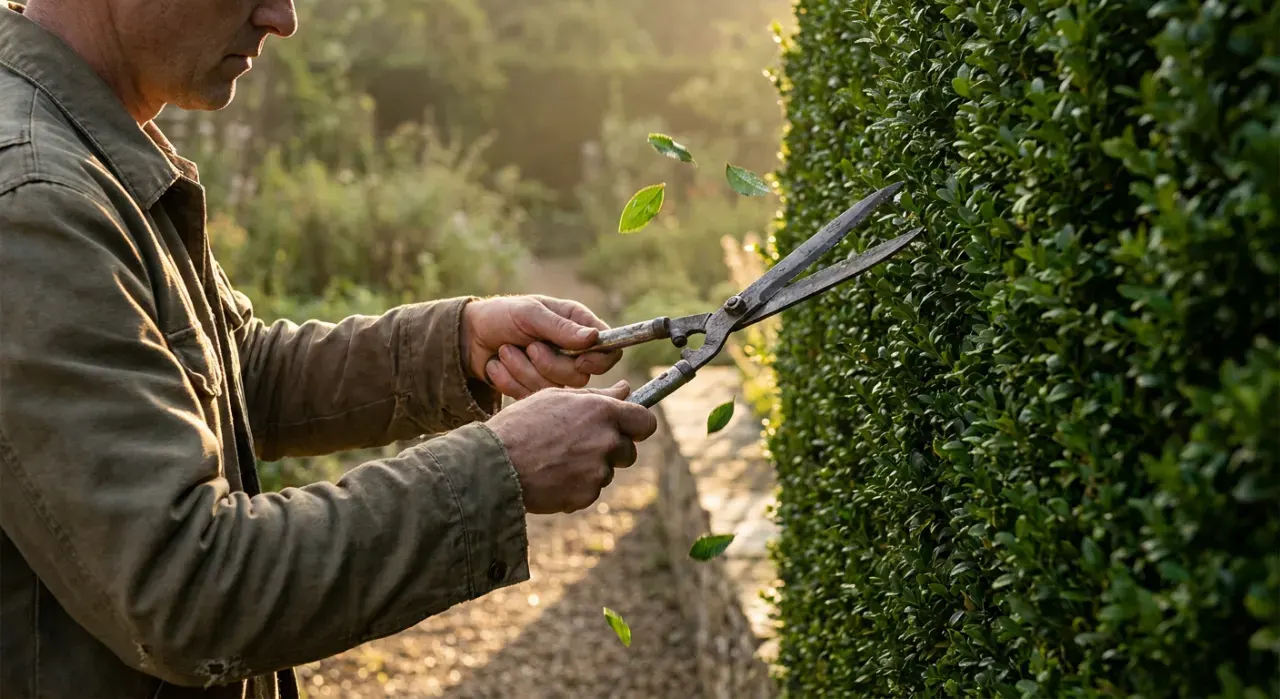 Golden-hour view of a person trimming a green hedge with shears, cut leaves falling