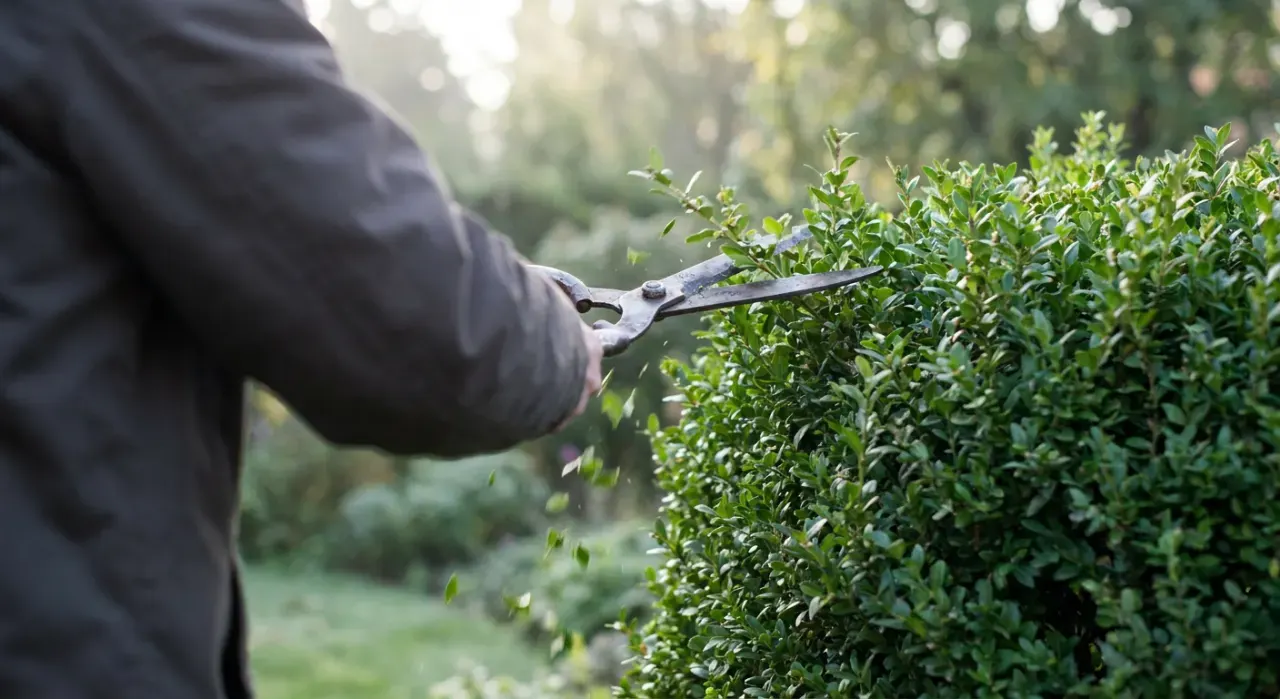 Close-up detail of the material being worked in a pruning, trimming & hedges project, in soft early-morning light