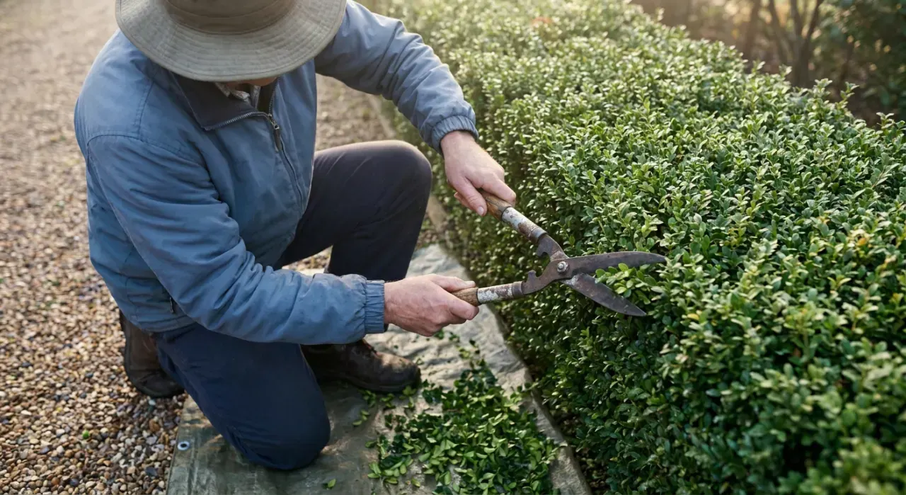 Overhead view of a person trimming a green hedge with shears, cut leaves falling, in soft early-morning light