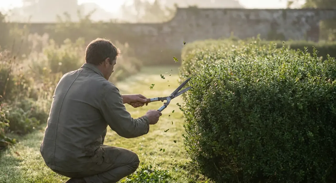 Wide environmental view of a person trimming a green hedge with shears, cut leaves falling, in soft early-morning light