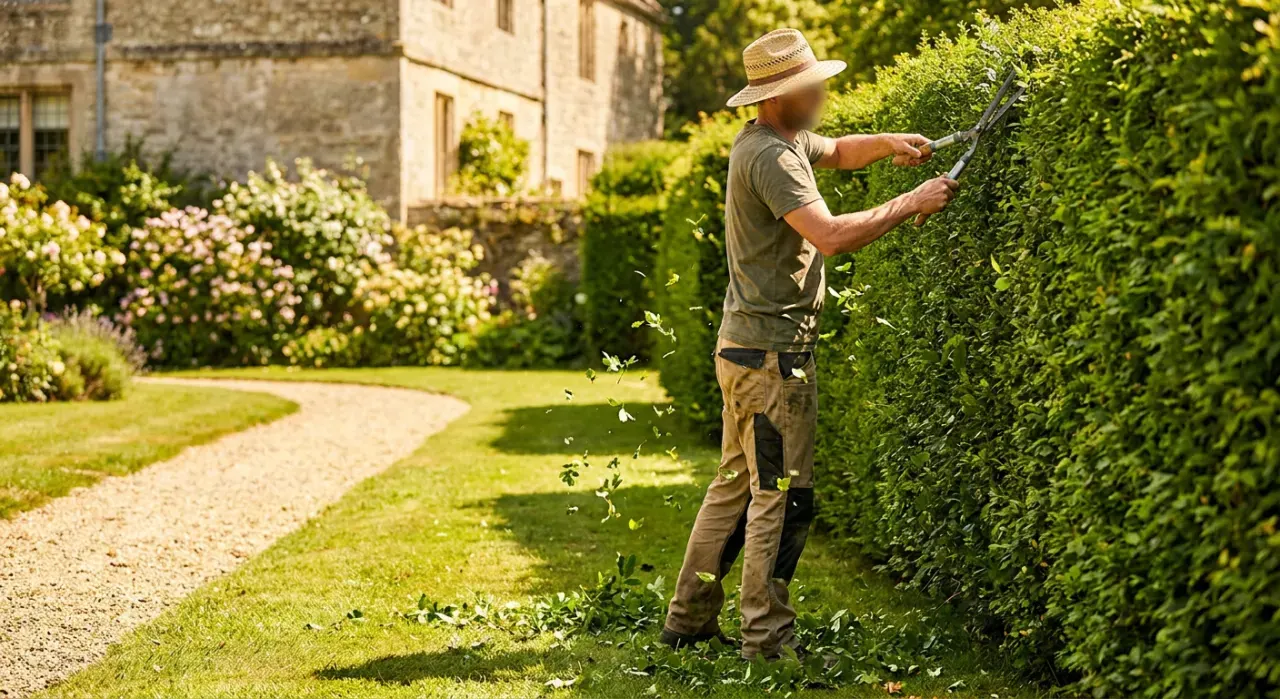 Wide view of a person trimming a green hedge with shears, cut leaves falling, in bright midday sun