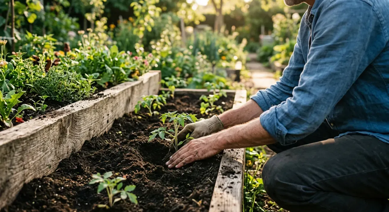 Wide view of a person's hands pressing seedlings into dark soil in a timber raised bed, in soft early-morning light
