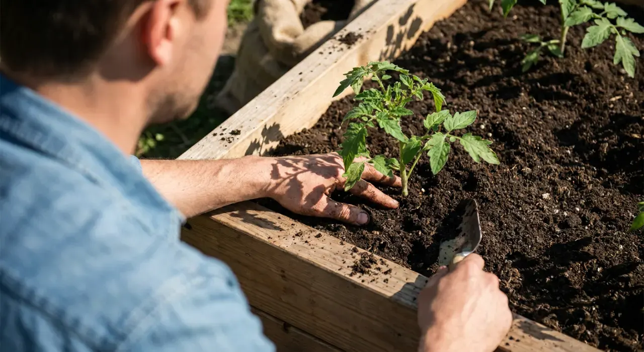 Over-the-shoulder view of a person's hands pressing seedlings into dark soil in a timber raised bed, in bright midday sun