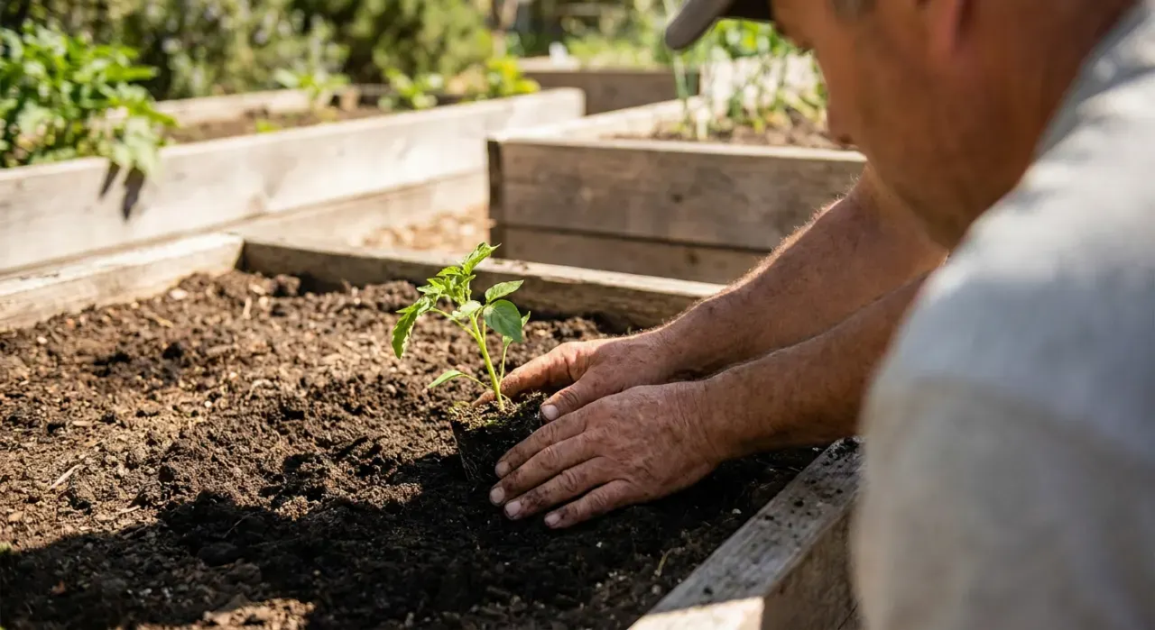 Three-quarter view of a person's hands pressing seedlings into dark soil in a timber raised bed, in bright midday sun