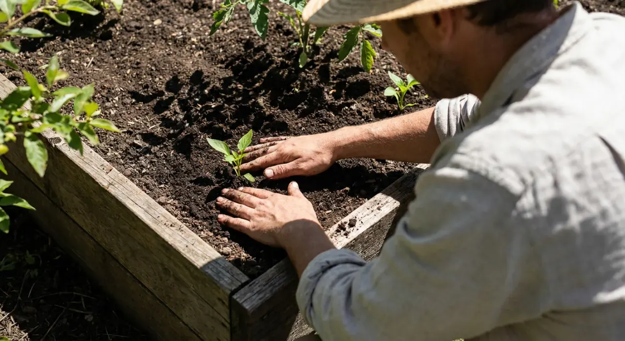 Low-angle view of a person's hands pressing seedlings into dark soil in a timber raised bed, in bright midday sun