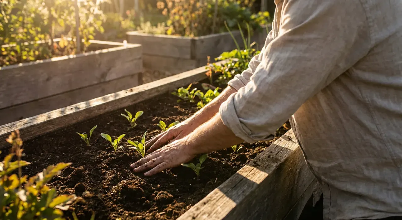 Golden-hour view of a person's hands pressing seedlings into dark soil in a timber raised bed