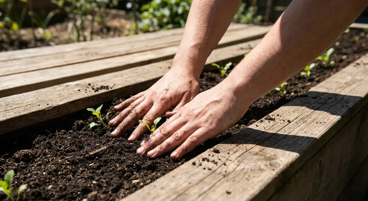 Close-up detail of the material being worked in a raised beds & planters project, in bright midday sun