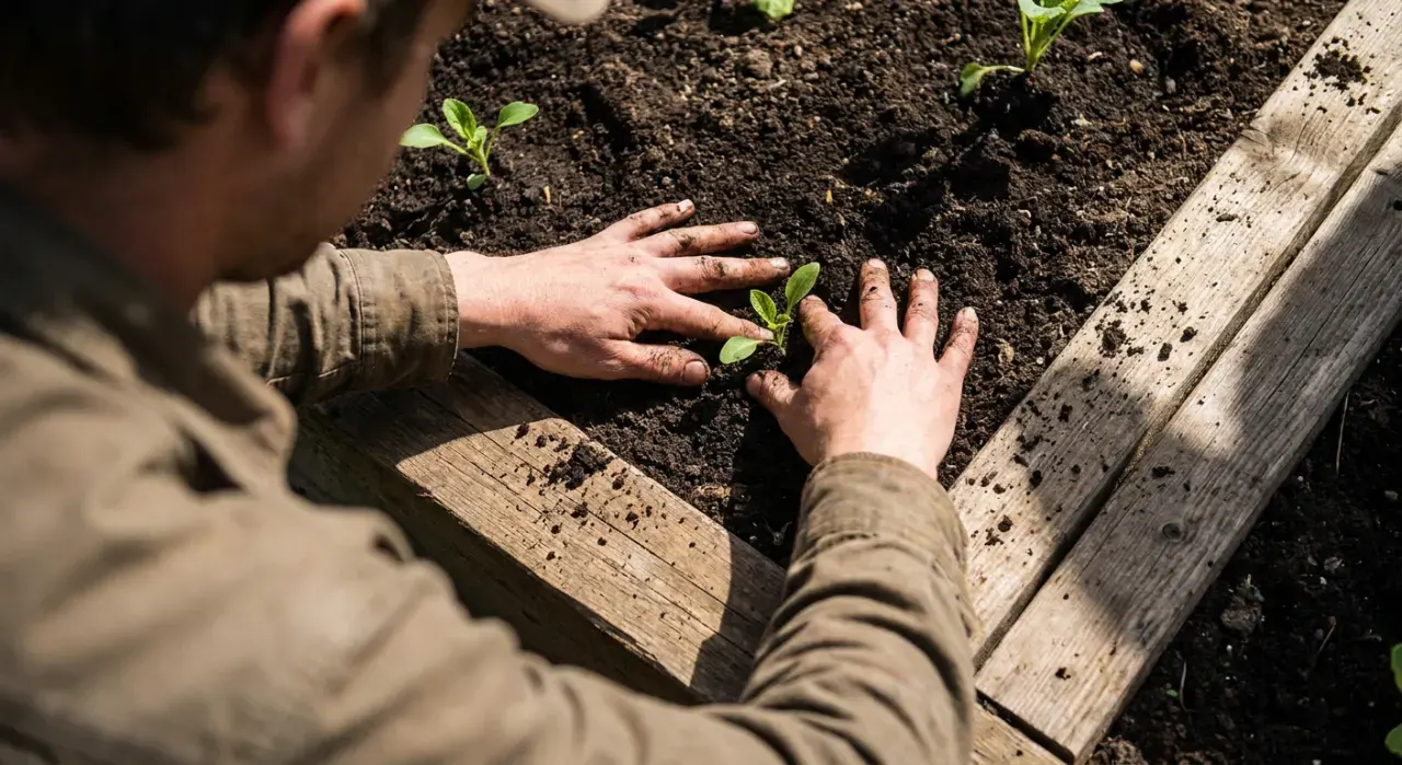 Overhead view of a person's hands pressing seedlings into dark soil in a timber raised bed, in bright midday sun