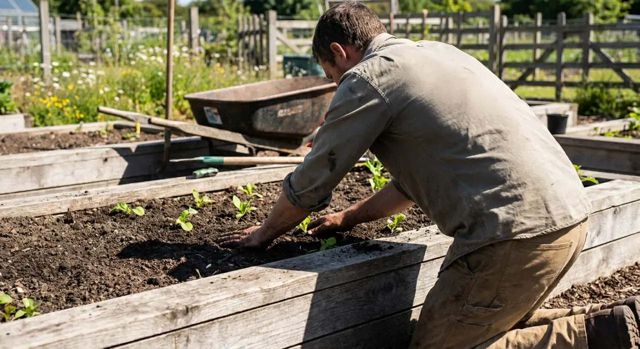 Wide environmental view of a person's hands pressing seedlings into dark soil in a timber raised bed, in bright midday sun