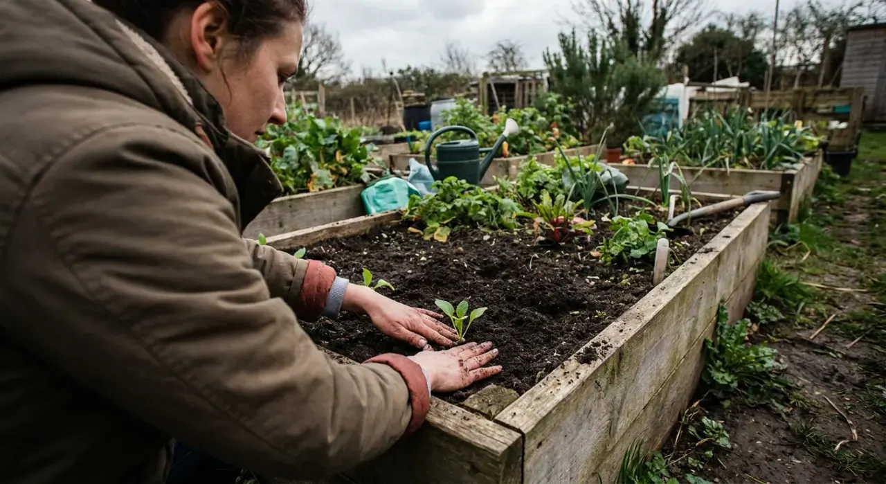 Wide view of a person's hands pressing seedlings into dark soil in a timber raised bed, in soft overcast light