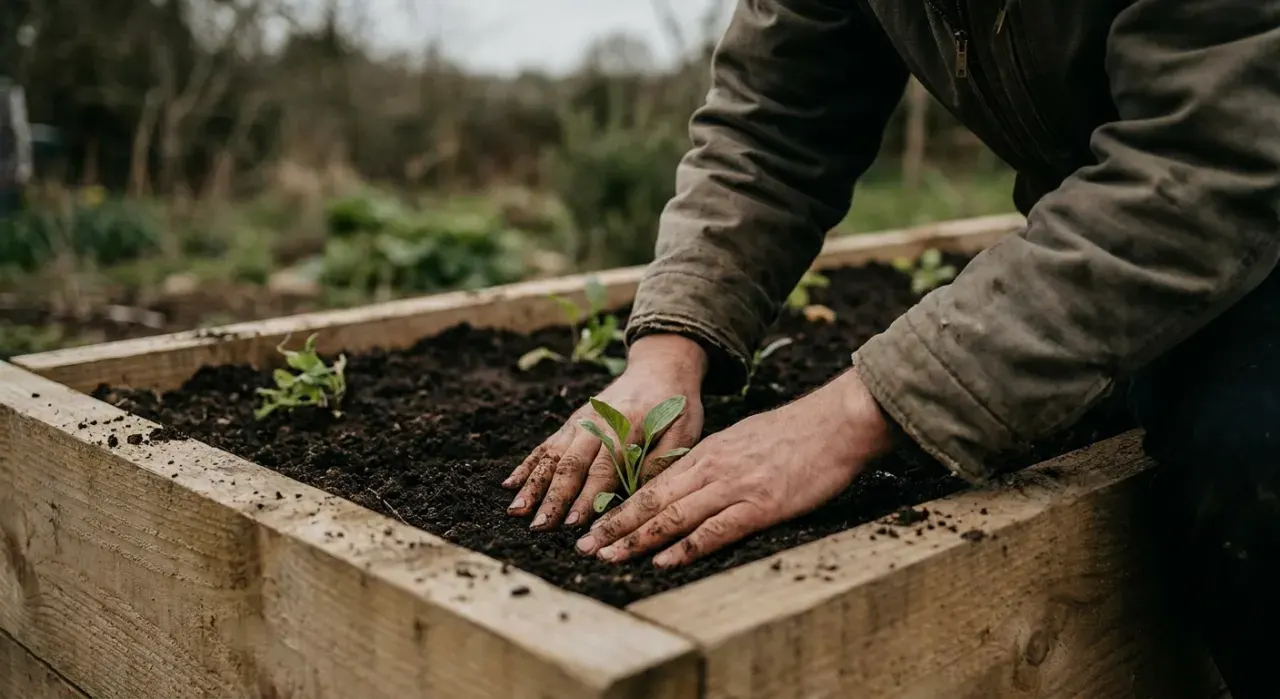 Over-the-shoulder view of a person's hands pressing seedlings into dark soil in a timber raised bed, in soft overcast light