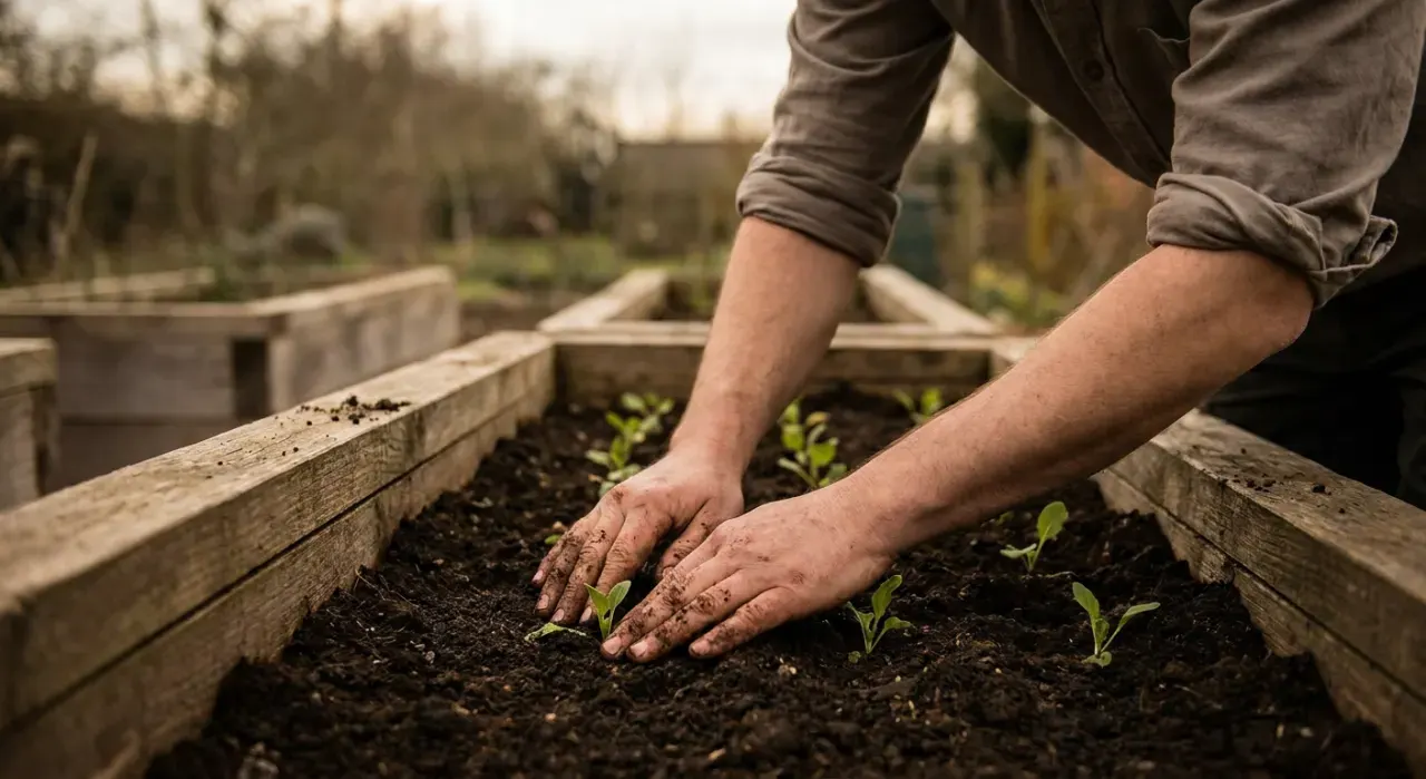 Three-quarter view of a person's hands pressing seedlings into dark soil in a timber raised bed, in soft overcast light