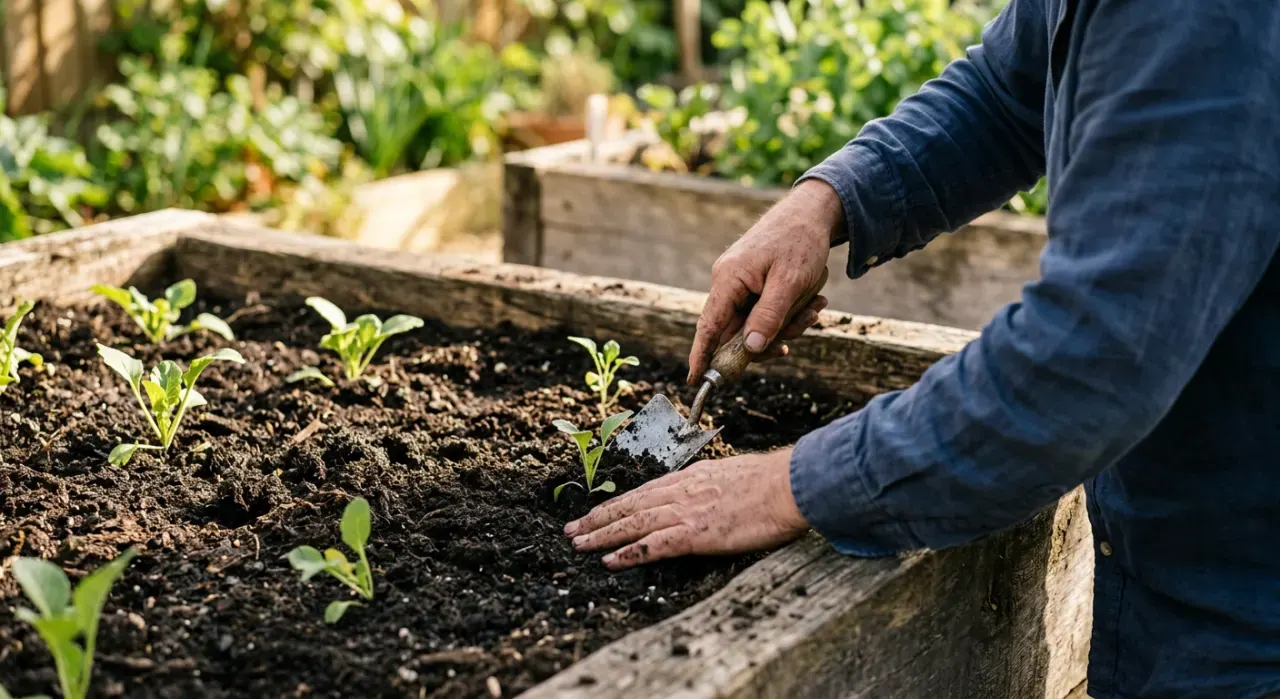 Over-the-shoulder view of a person's hands pressing seedlings into dark soil in a timber raised bed, in soft early-morning light