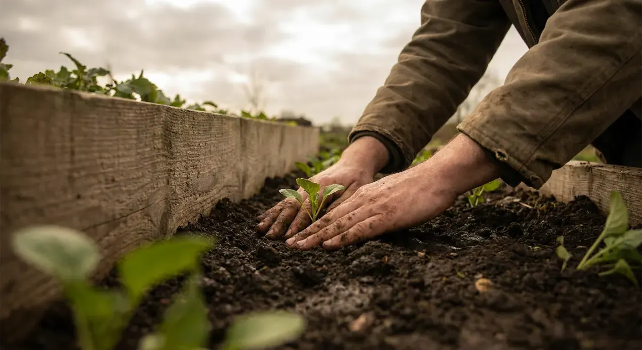 Low-angle view of a person's hands pressing seedlings into dark soil in a timber raised bed, in soft overcast light