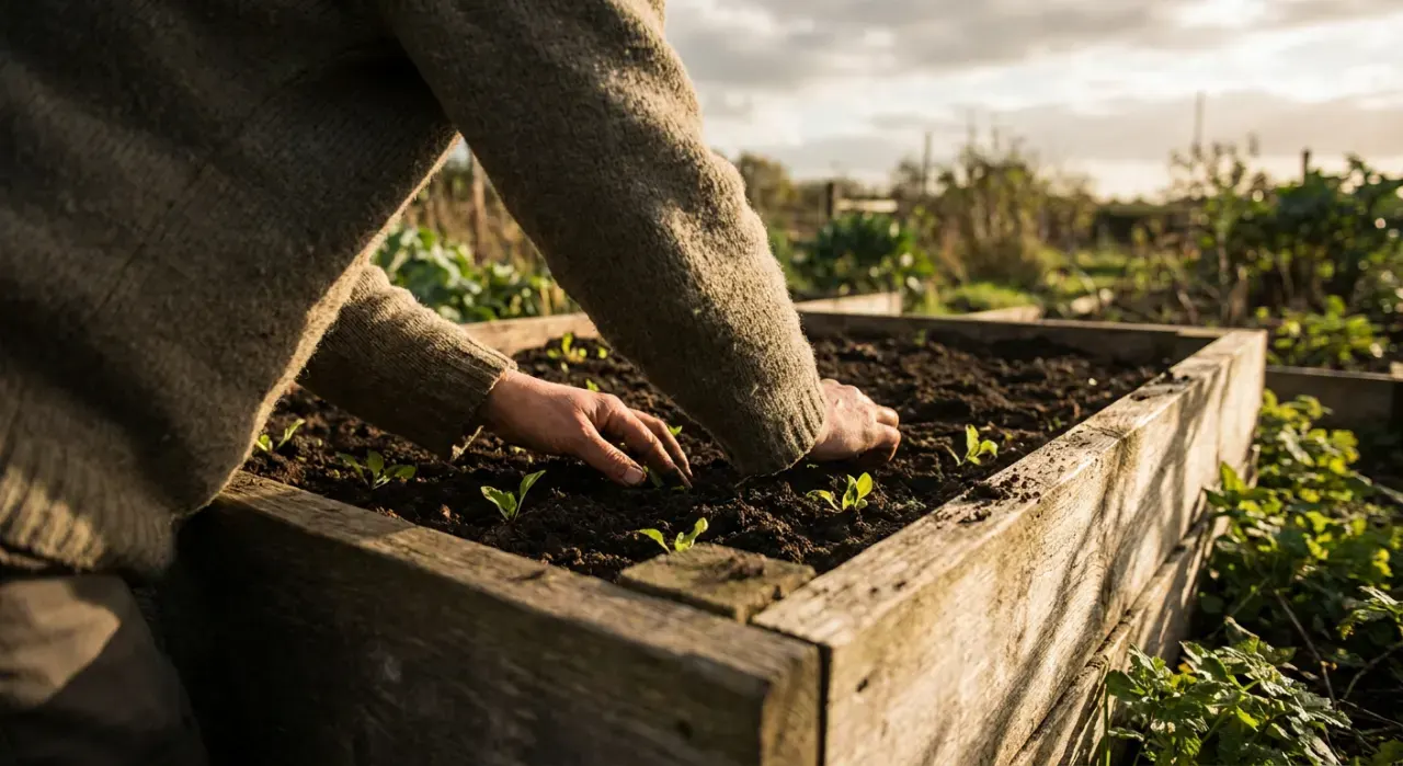 Golden-hour view of a person's hands pressing seedlings into dark soil in a timber raised bed