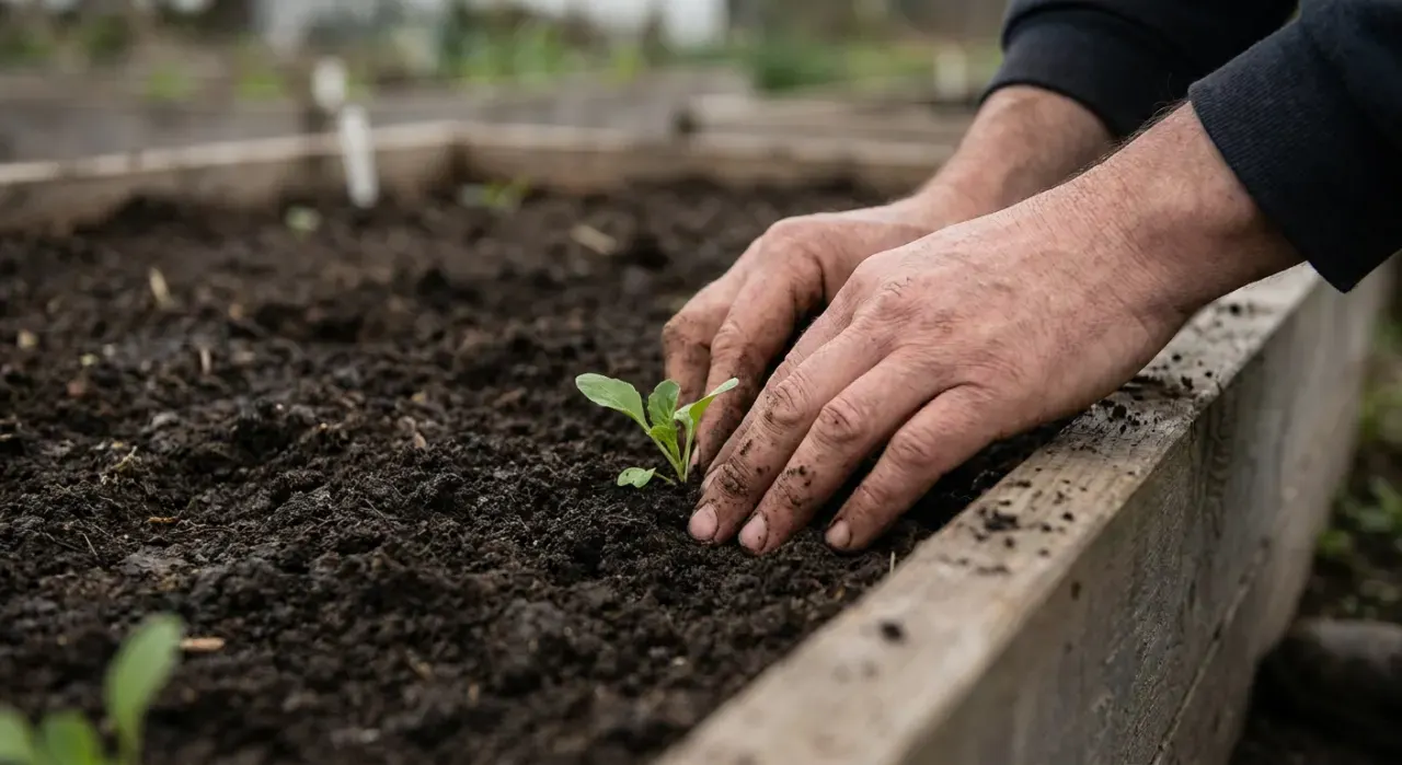 Close-up detail of the material being worked in a raised beds & planters project, in soft overcast light
