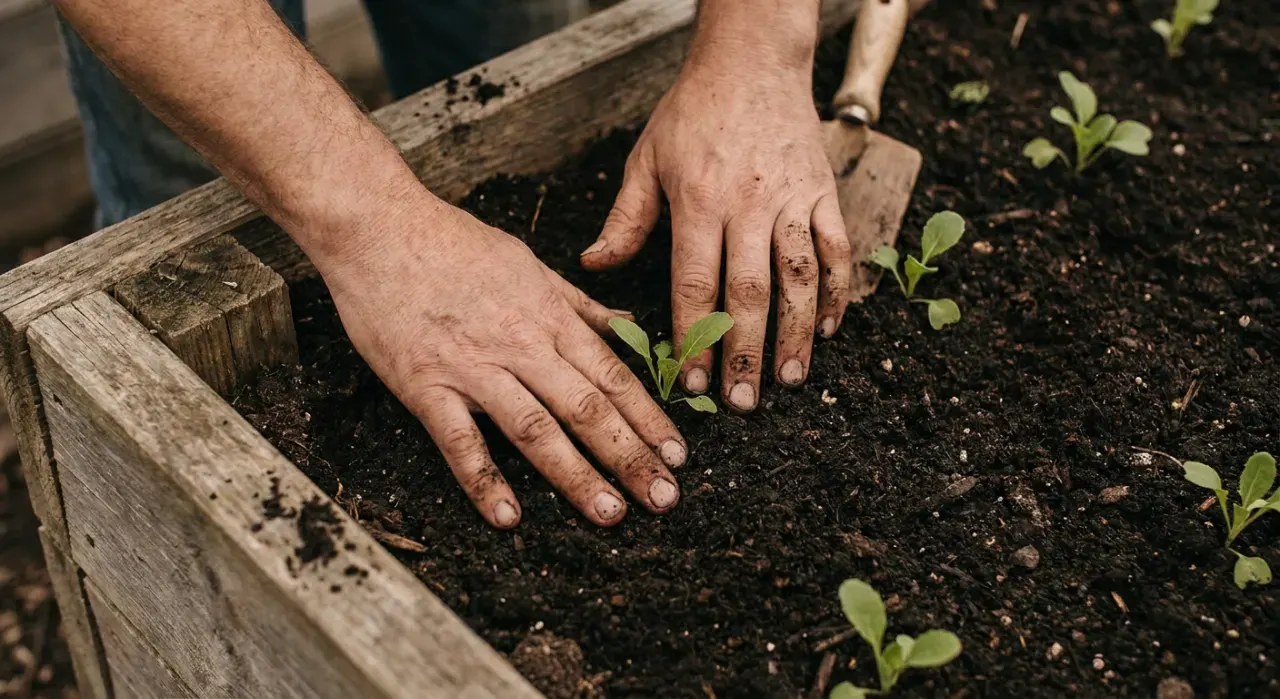 Overhead view of a person's hands pressing seedlings into dark soil in a timber raised bed, in soft overcast light