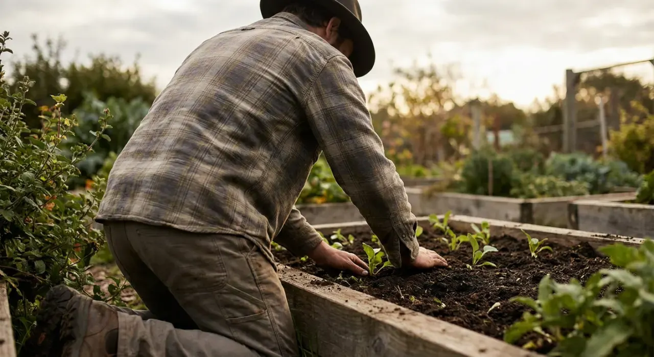 Wide environmental view of a person's hands pressing seedlings into dark soil in a timber raised bed, in soft overcast light