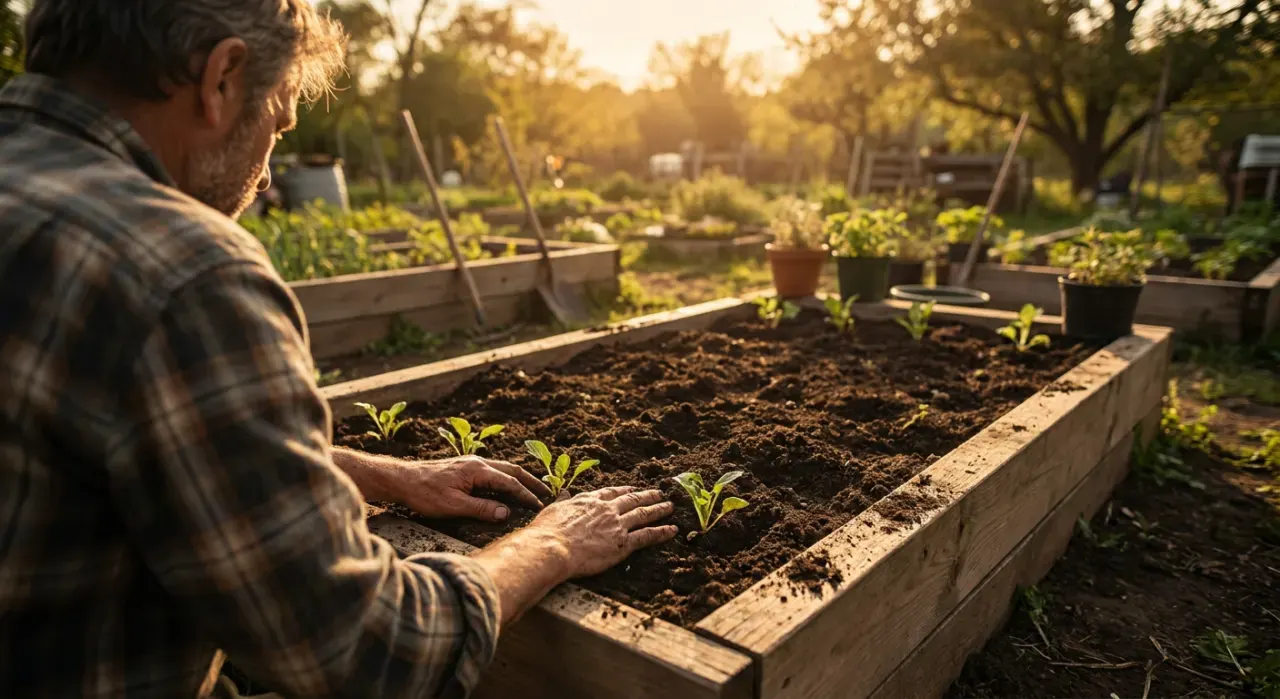Wide view of a person's hands pressing seedlings into dark soil in a timber raised bed, in warm late-afternoon light