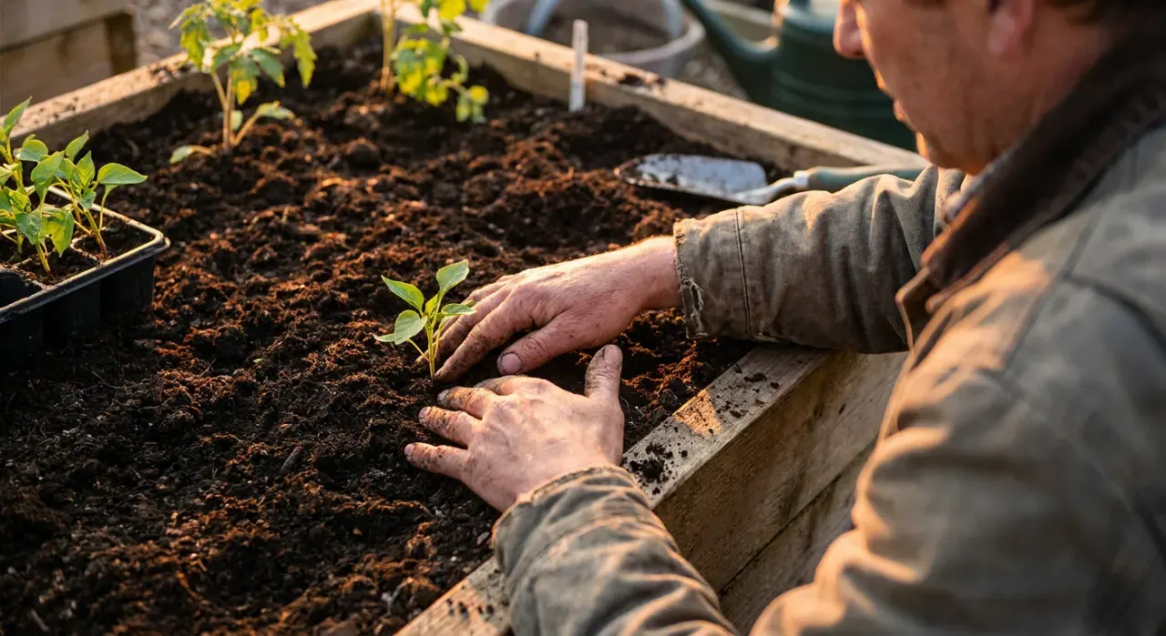 Over-the-shoulder view of a person's hands pressing seedlings into dark soil in a timber raised bed, in warm late-afternoon light