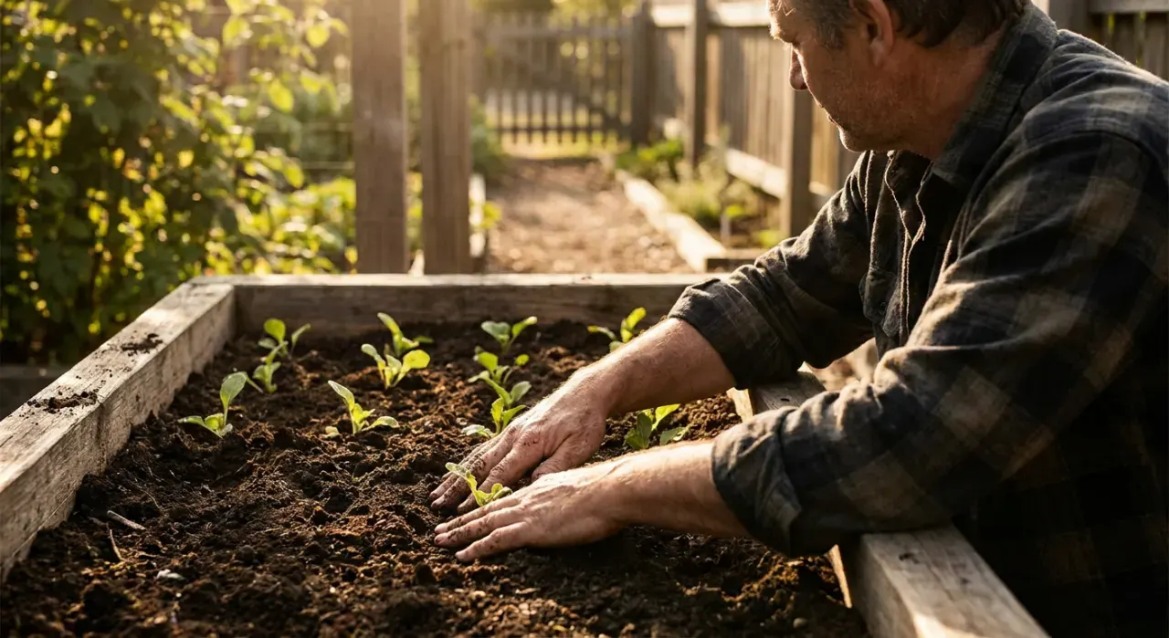 Three-quarter view of a person's hands pressing seedlings into dark soil in a timber raised bed, in warm late-afternoon light