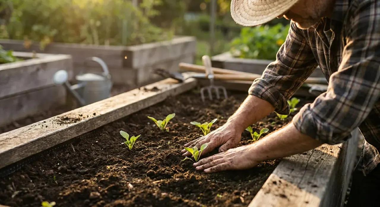 Low-angle view of a person's hands pressing seedlings into dark soil in a timber raised bed, in warm late-afternoon light