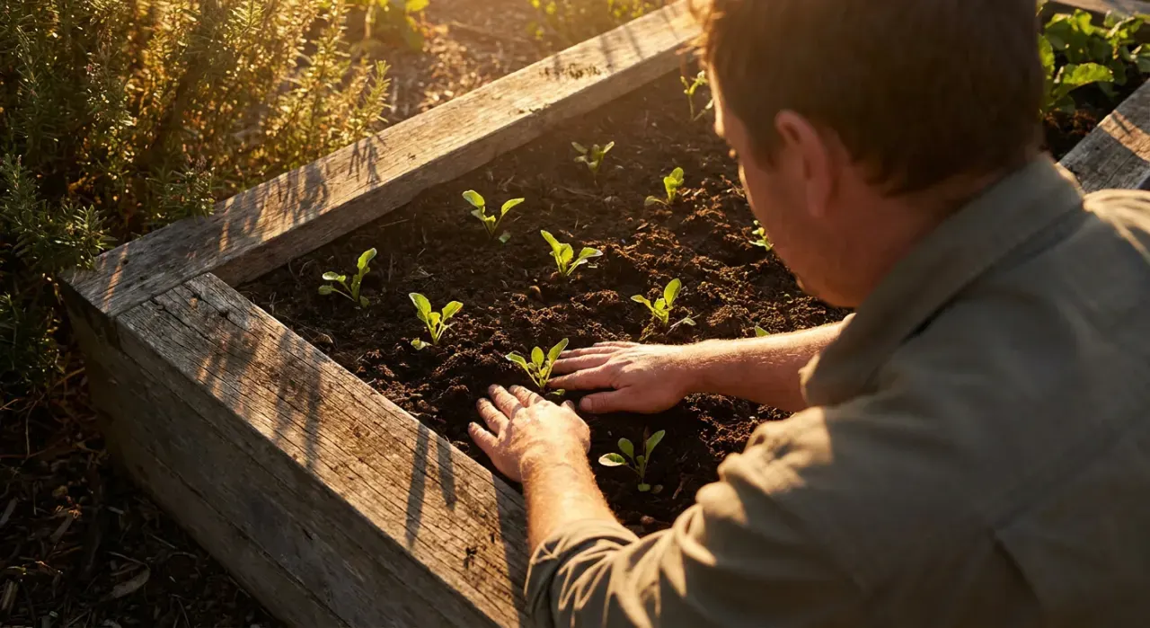Golden-hour view of a person's hands pressing seedlings into dark soil in a timber raised bed