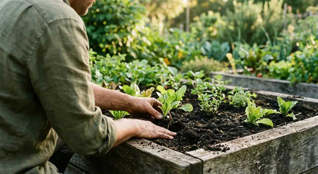 Three-quarter view of a person's hands pressing seedlings into dark soil in a timber raised bed, in soft early-morning light