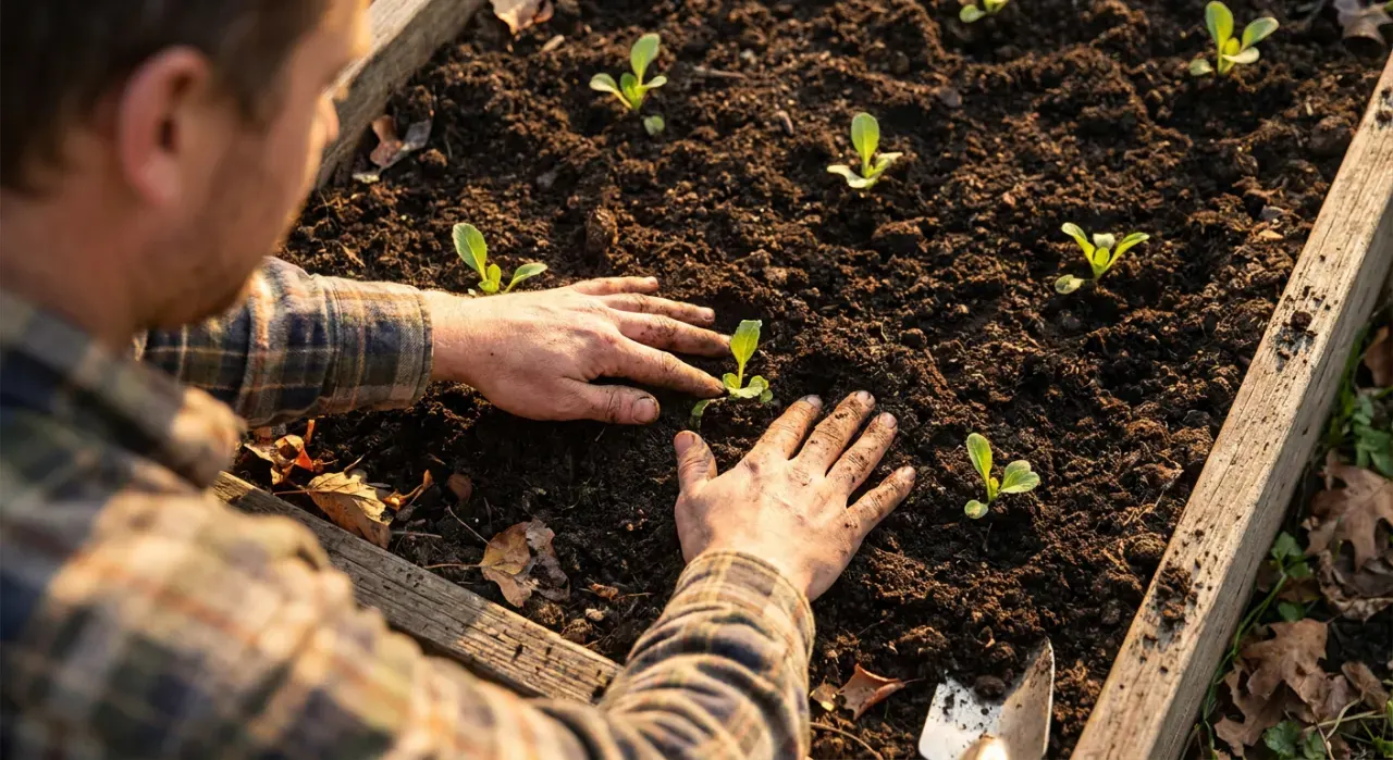 Overhead view of a person's hands pressing seedlings into dark soil in a timber raised bed, in warm late-afternoon light