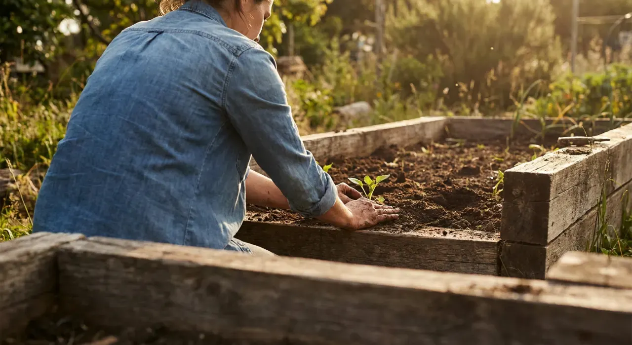 Wide environmental view of a person's hands pressing seedlings into dark soil in a timber raised bed, in warm late-afternoon light