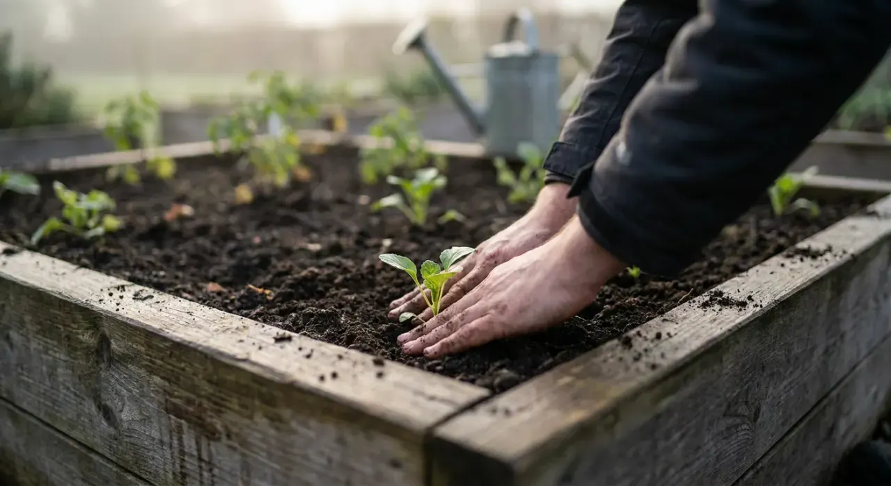 Low-angle view of a person's hands pressing seedlings into dark soil in a timber raised bed, in soft early-morning light