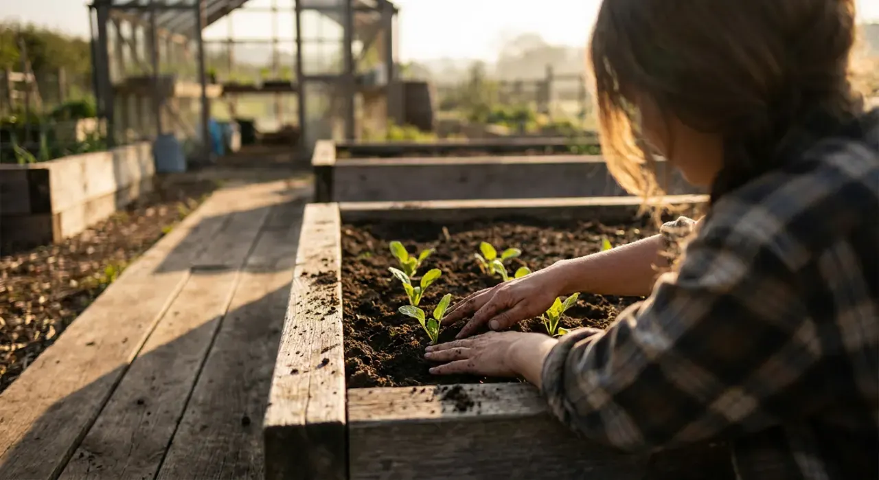 Golden-hour view of a person's hands pressing seedlings into dark soil in a timber raised bed