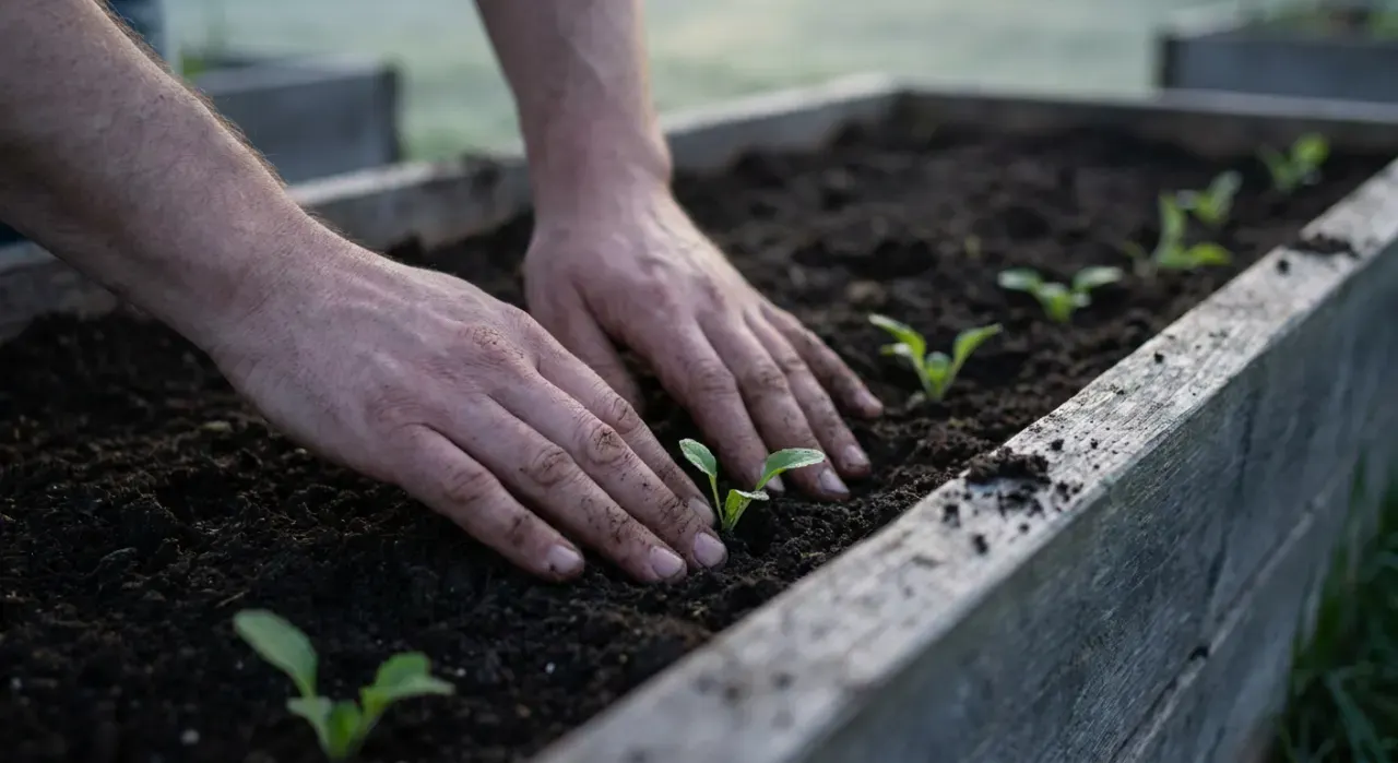 Close-up detail of the material being worked in a raised beds & planters project, in soft early-morning light