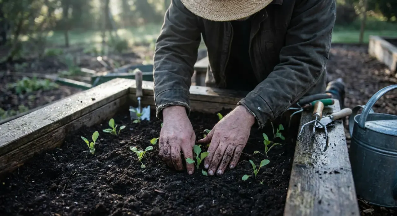 Overhead view of a person's hands pressing seedlings into dark soil in a timber raised bed, in soft early-morning light