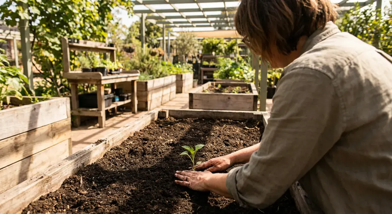 Wide view of a person's hands pressing seedlings into dark soil in a timber raised bed, in bright midday sun