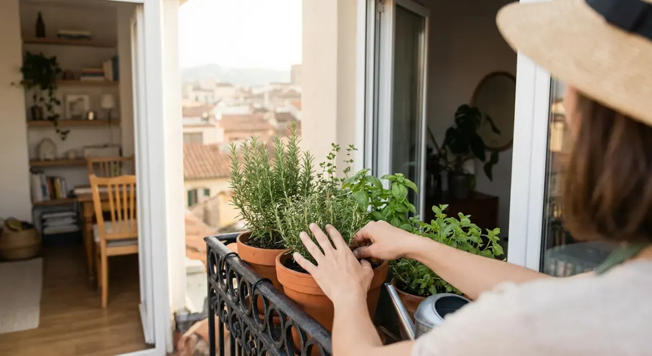 Wide view of a person tending herbs in pots on a sunny apartment balcony railing, in soft early-morning light