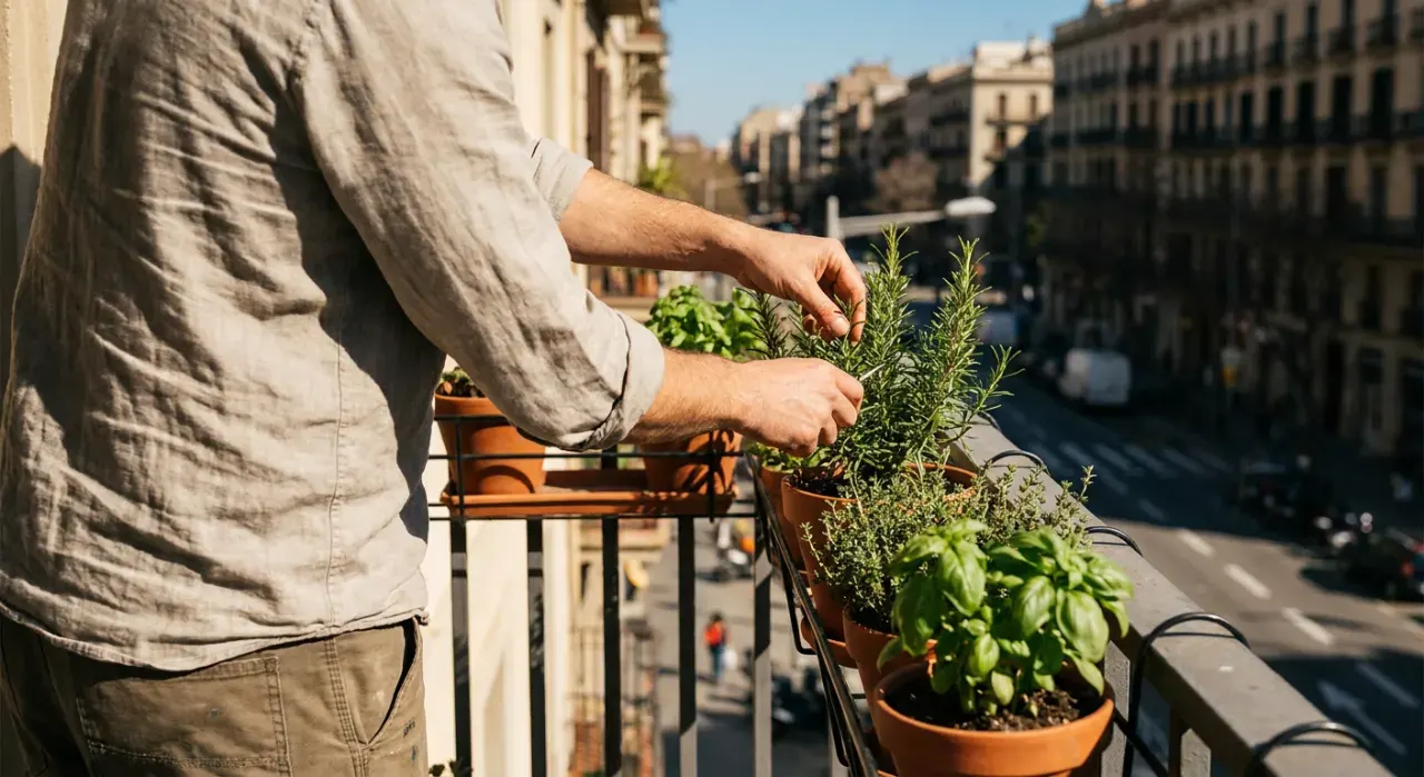 Over-the-shoulder view of a person tending herbs in pots on a sunny apartment balcony railing, in bright midday sun