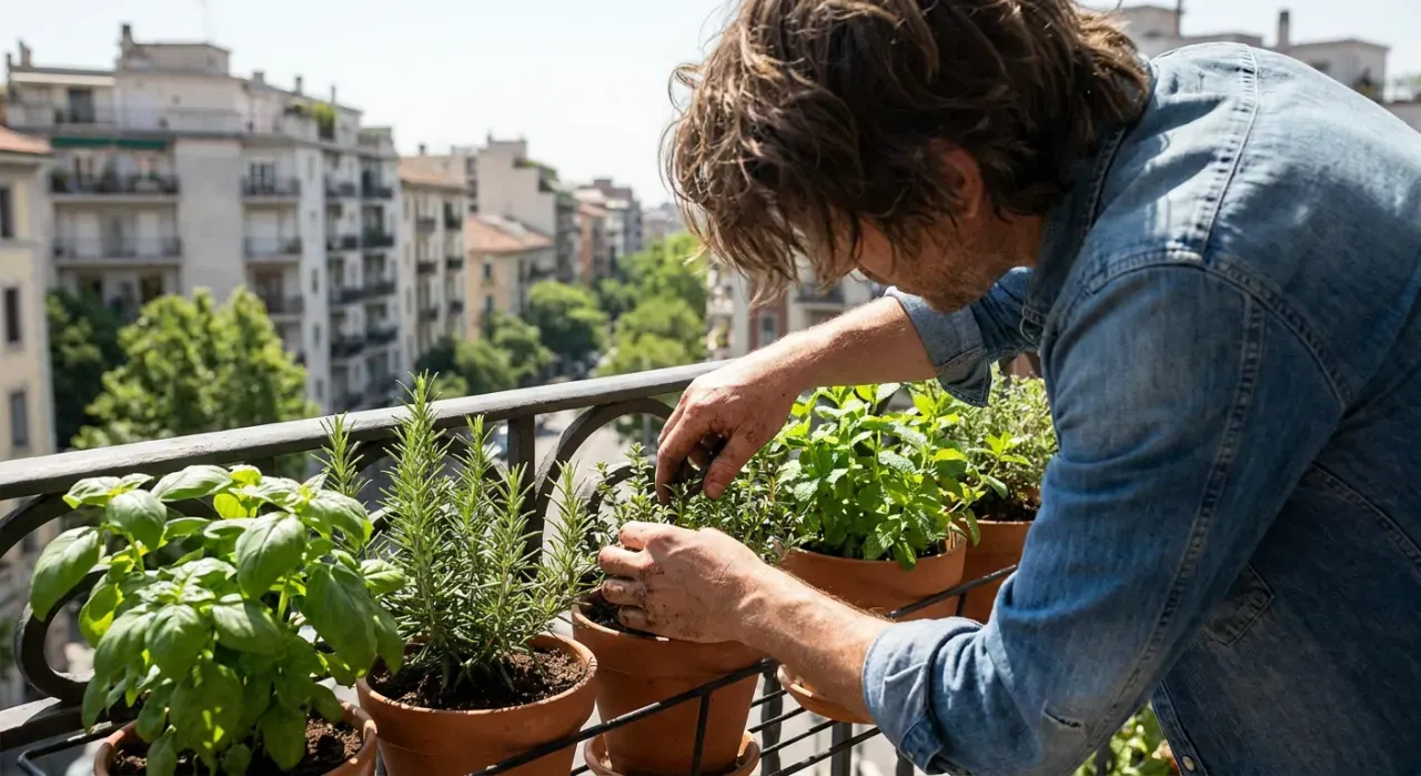 Three-quarter view of a person tending herbs in pots on a sunny apartment balcony railing, in bright midday sun