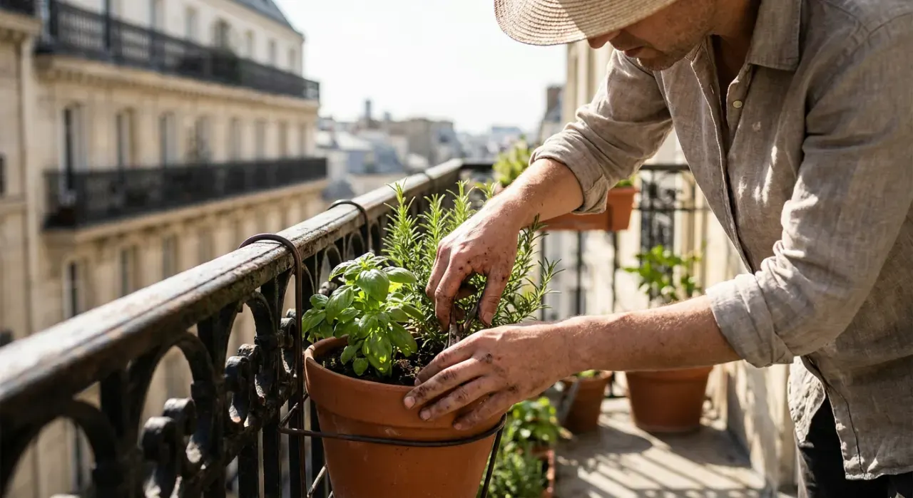 Low-angle view of a person tending herbs in pots on a sunny apartment balcony railing, in bright midday sun