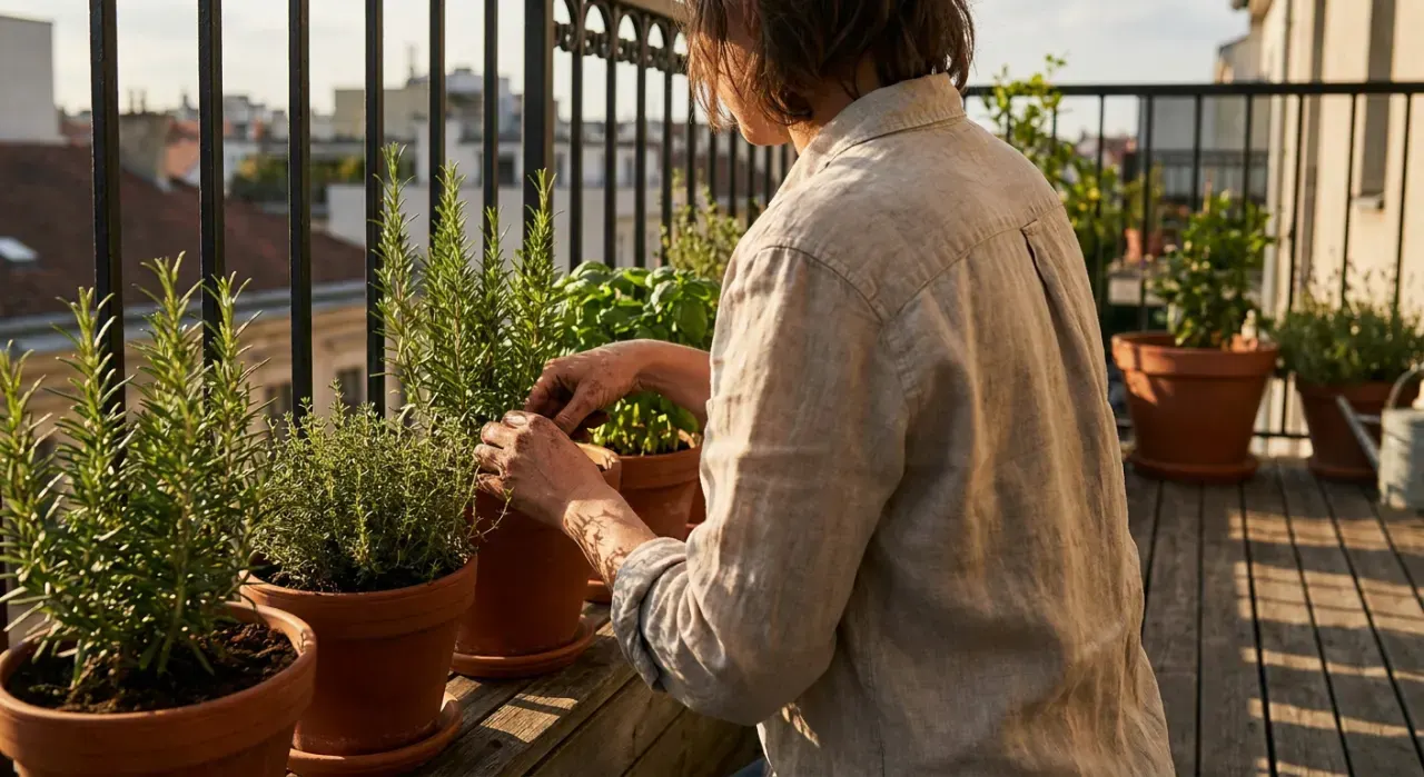 Golden-hour view of a person tending herbs in pots on a sunny apartment balcony railing