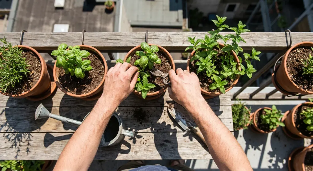 Overhead view of a person tending herbs in pots on a sunny apartment balcony railing, in bright midday sun