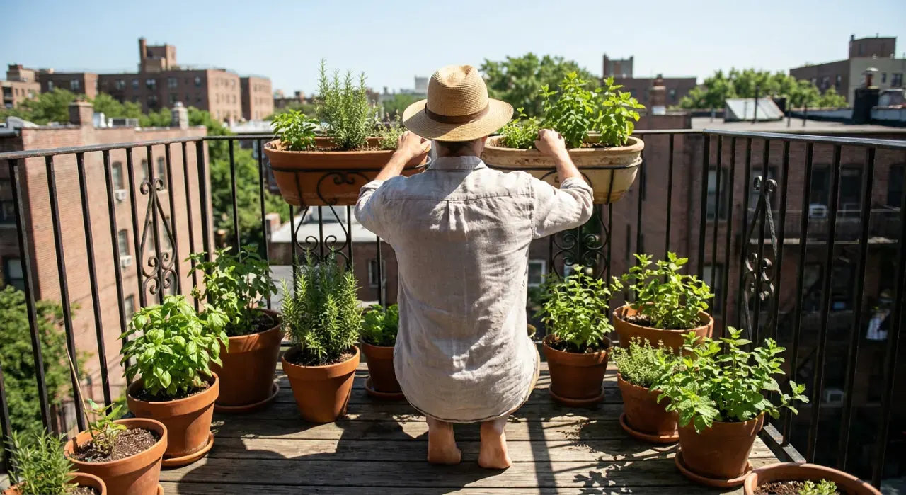 Wide environmental view of a person tending herbs in pots on a sunny apartment balcony railing, in bright midday sun