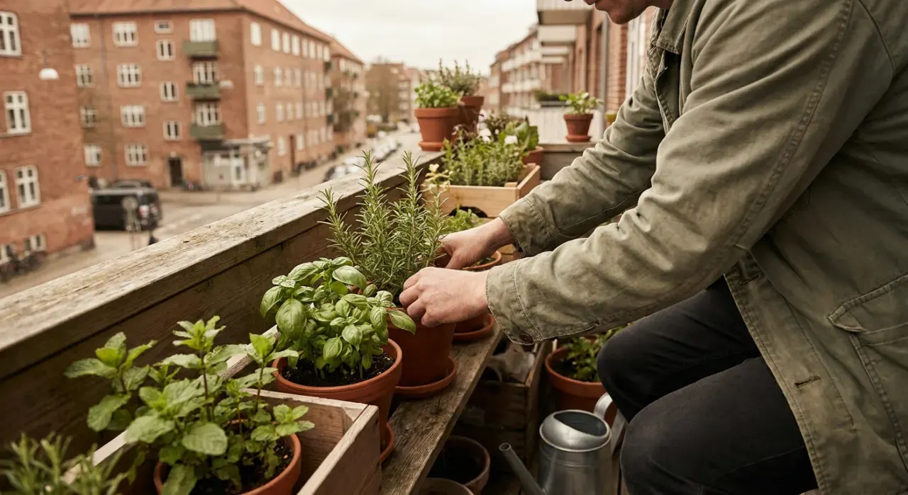 Wide view of a person tending herbs in pots on a sunny apartment balcony railing, in soft overcast light