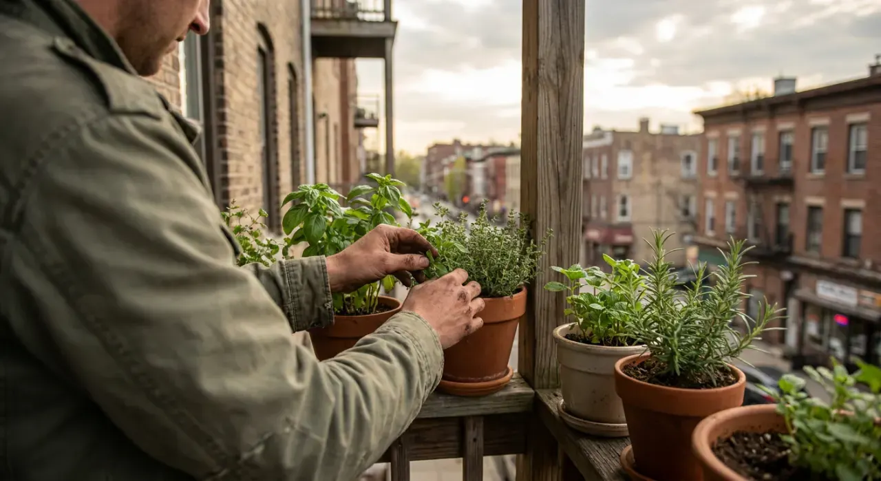 Over-the-shoulder view of a person tending herbs in pots on a sunny apartment balcony railing, in soft overcast light