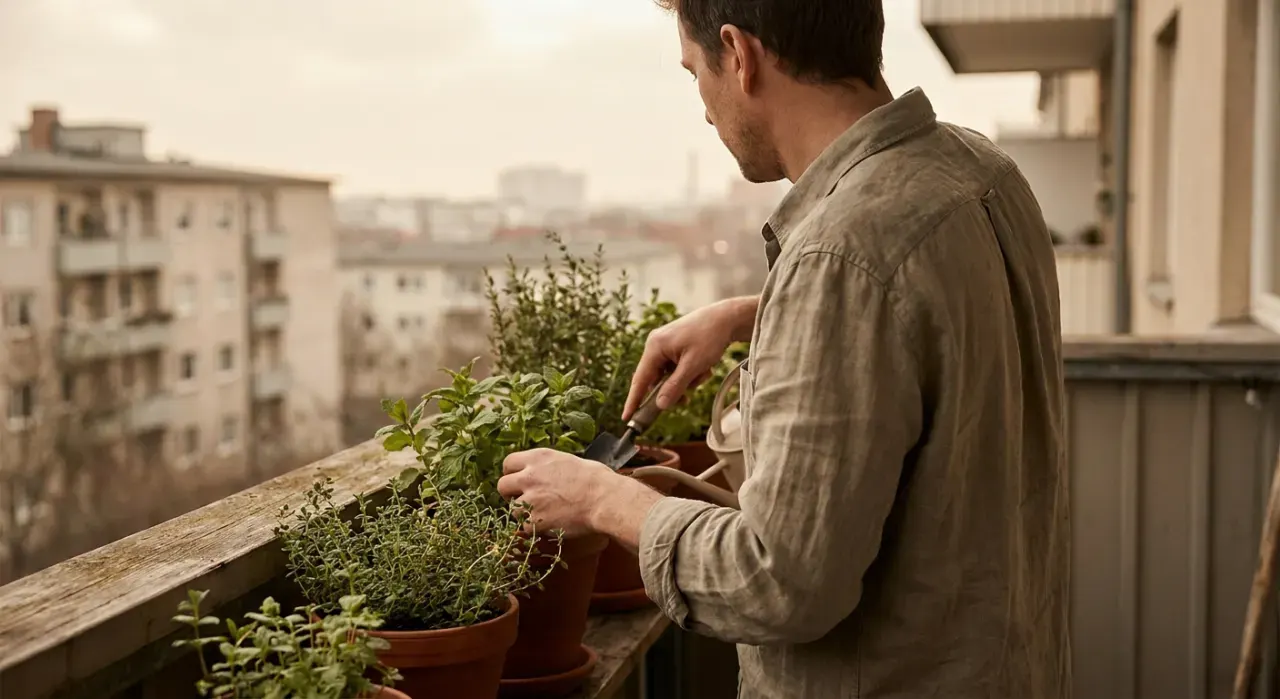 Three-quarter view of a person tending herbs in pots on a sunny apartment balcony railing, in soft overcast light