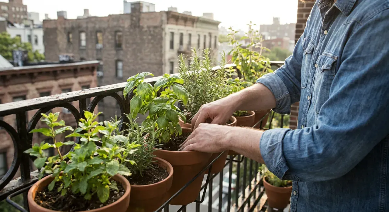 Over-the-shoulder view of a person tending herbs in pots on a sunny apartment balcony railing, in soft early-morning light