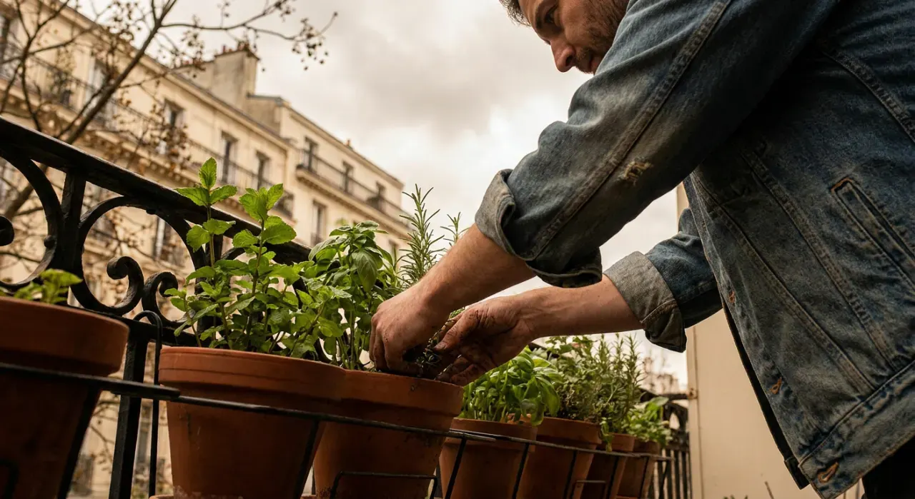 Low-angle view of a person tending herbs in pots on a sunny apartment balcony railing, in soft overcast light