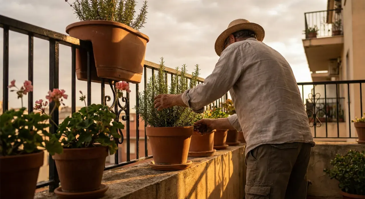 Golden-hour view of a person tending herbs in pots on a sunny apartment balcony railing